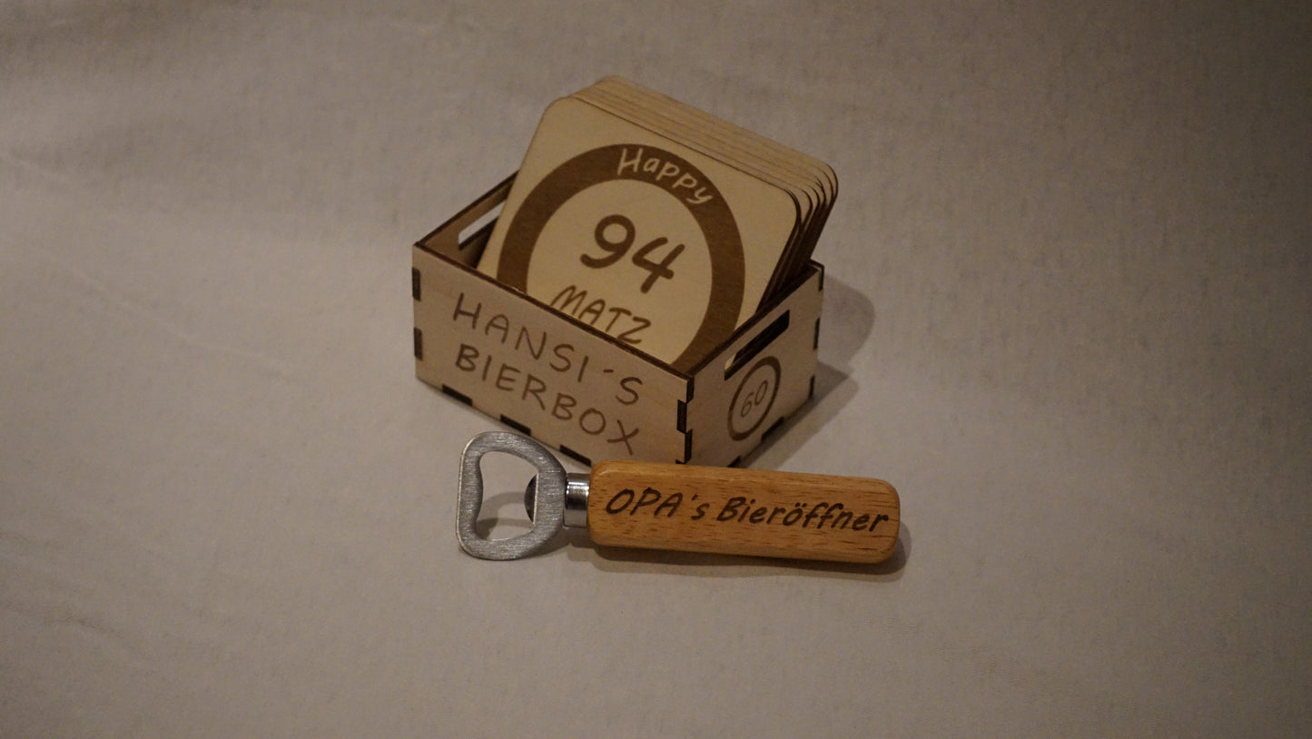 1 Set: Bierbox mit Bieruntersetzer und Bieröffner