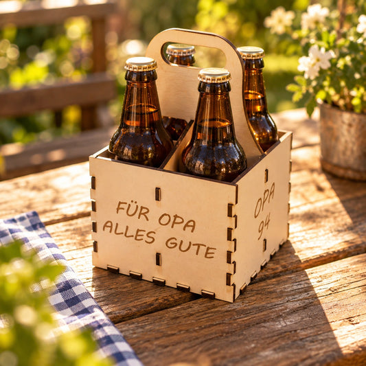 4er Bier-Tragerl aus Holz mit Gravur „Für Opa alles Gute“, gefüllt mit vier Bierflaschen im Garten