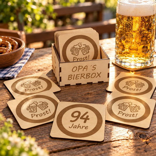 Bierbox aus Holz „Opa’s Bierbox“ mit gravierten Bierdeckeln „Prost!“ und „94 Jahre“ im Biergarten