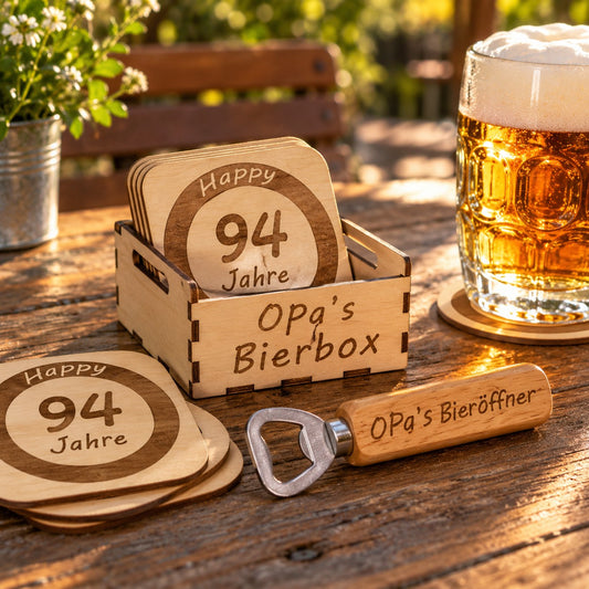 Bierbox-Set aus Holz: Box „Opa’s Bierbox“ mit gravierten Bierdeckeln und Bieröffner im Biergarten
