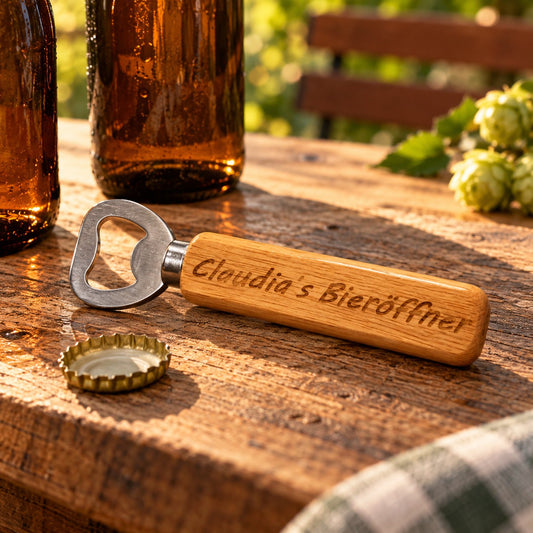 Bieröffner aus Holz mit Gravur „Claudia’s Bieröffner“ neben Bierflaschen