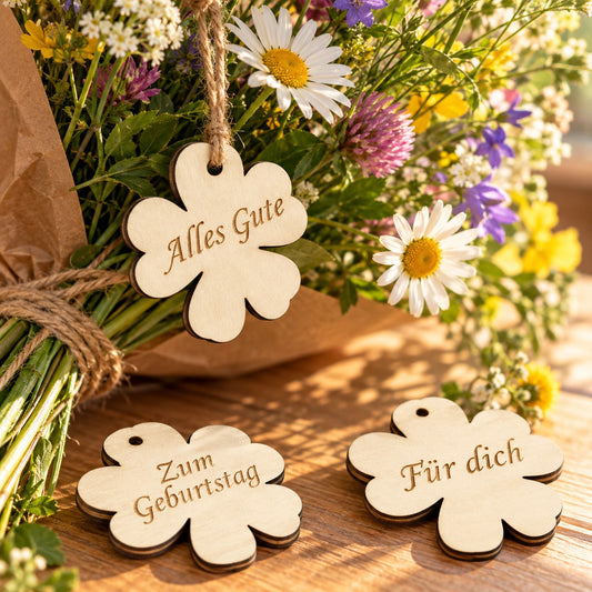 Blumenanhänger aus Holz in Kleeblattform mit Sprüchen am Wiesenblumenstrauß