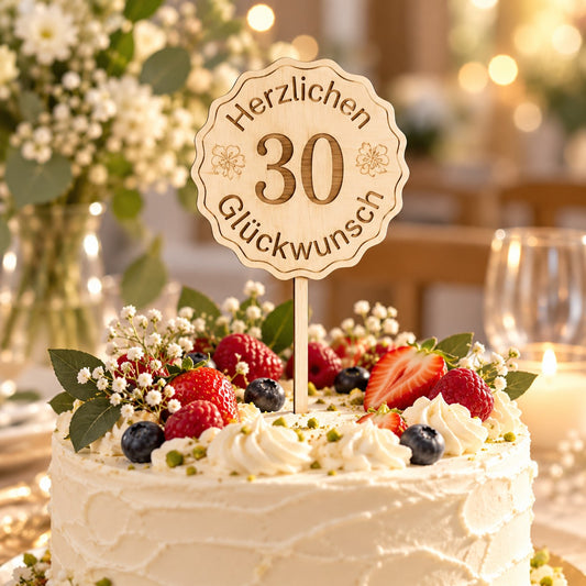 Cake Topper aus Holz „Herzlichen Glückwunsch 30“ auf einer weißen Torte mit Beeren