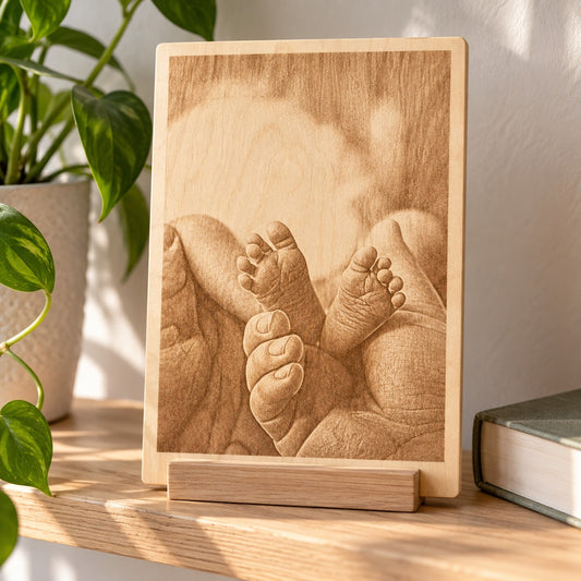 Fotogravur auf Birkenholz mit Babyfüßen, 13 × 18 cm mit Holzrand, auf einem Aufsteller im Regal