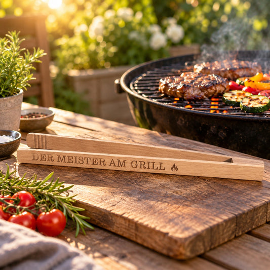 Grillzange aus Holz mit Gravur „Der Meister am Grill“ auf einem Brett neben dem Grill