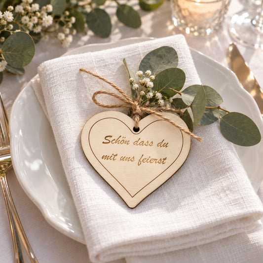 Holzherz mit Gravur „Schön dass du mit uns feierst“ als Gastgeschenk auf der Serviette