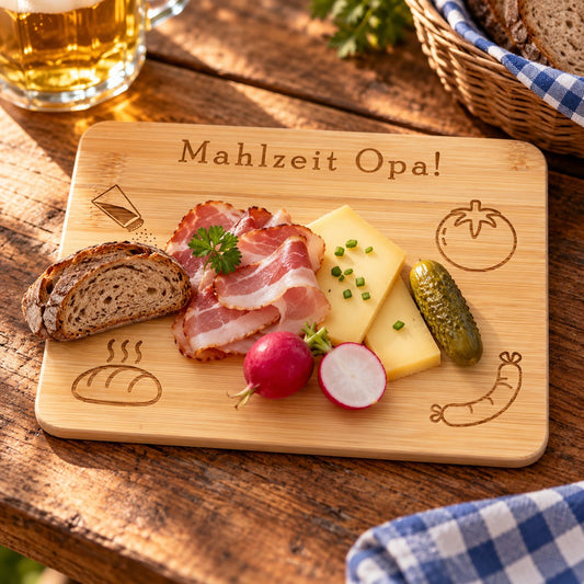 Jausenbrett aus Bambus mit Gravur „Mahlzeit Opa!“, belegt mit Speck, Käse und Brot
