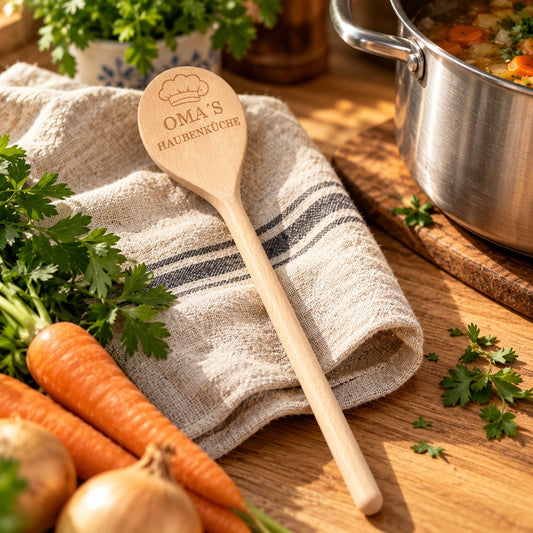 Kochlöffel aus Buchenholz mit Gravur „Oma's Haubenküche“ und Kochmütze in der Laffe, auf einem Leinentuch neben Suppentopf und Kräutern in einer Landhausküche