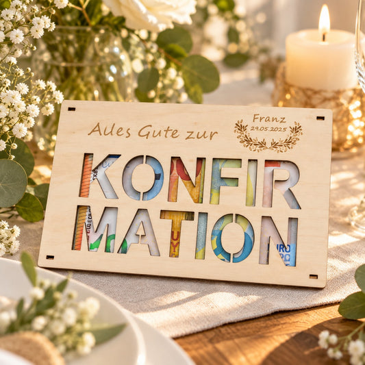 Konfirmationskarte aus Holz mit ausgeschnittenem Schriftzug, Geldscheine scheinen durch, auf festlichem Tisch