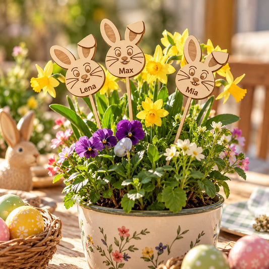 Osterhasen-Stecker aus Holz mit Namen Lena, Max und Mia im Frühlingsblumentopf