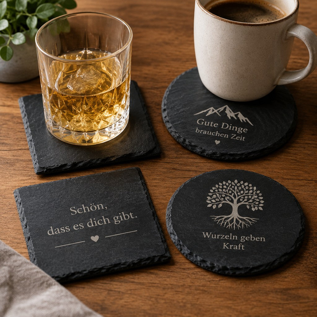 Gravierte Schiefer-Untersetzer eckig und rund mit Spruch, Bergmotiv und Lebensbaum auf Holztisch