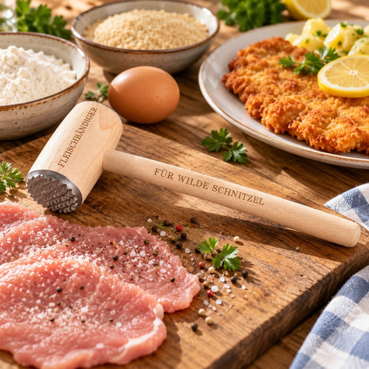 Schnitzelklopfer aus Buchenholz mit geriffelter Metall-Schlagfläche und Gravur „Fleischbändiger – für wilde Schnitzel“ auf Kopf und Stiel, auf einem Holzbrett neben rohem Schnitzel, Mehl, Ei, Bröseln und einem Teller Wiener Schnitzel mit Zitrone