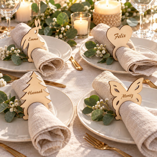 Serviettenringe aus Pappelholz mit vier Motiven – Hase, Herz, Tannenbaum und Schmetterling – je mit graviertem Namen (Emma, Felix, Hannah, Moritz) um Leinenservietten auf einer festlich gedeckten Tafel