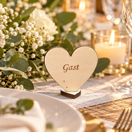 Herzförmiges Namensschild aus Holz mit Gravur „Gast“ im Holzfuß auf der Hochzeitstafel